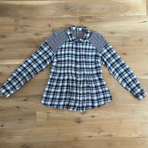 Free People Plaid Crochet Puplum Blue Snap Button Down Flannel